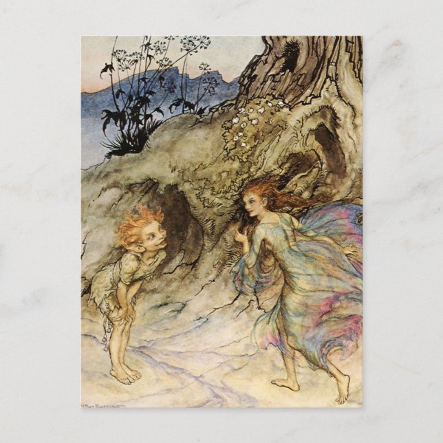 “Puck and a Fairy” Watercolor by Arthur Rackham Postcard (Front)