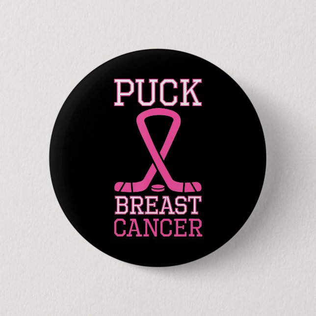 Puck Breast Cancer Pink Ribbon Ice Hockey Cancer 2 Inch Round Button (Front)