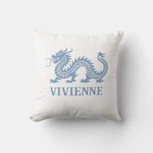 Puddle Blue Chinoiserie Dragon Custom Name Throw Pillow