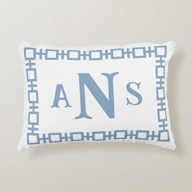 Puddle Blue Square Greek Key Monogram Accent Pillow (Front)