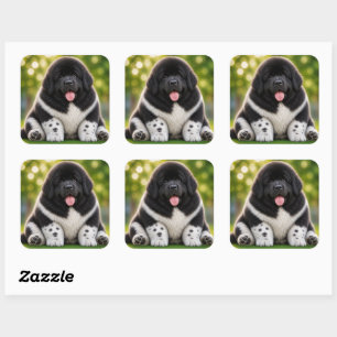 Pudgy Puppy Black and white newfie landseer Square Sticker