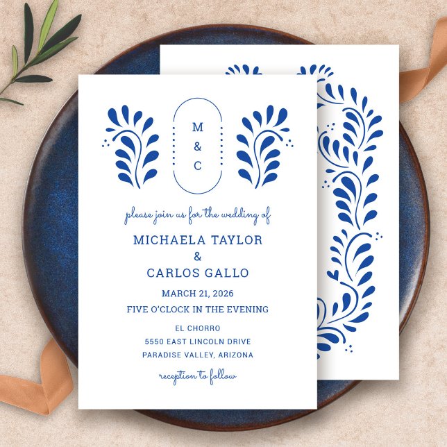 Puebla Style bleu Faire-part de mariage mexicaine (Puebla Style Blue Mexican Wedding Invitation by Fiesta Valley Print)