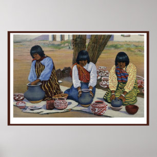 Pueblo Indian women making ceramic pots poster