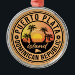 Puerto Plata Dominican Republic Metal Ornament<br><div class="desc">A uniquely retro mid-century modern Puerto Plata Dominican Republic art print in vintage travel poster style. It features a curved palm tree on sandy beach with ocean under a blue cloudy sky.</div>