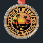 Puerto Plata Dominican Republic Metal Ornament<br><div class="desc">A uniquely retro mid-century modern Puerto Plata Dominican Republic art print in vintage travel poster style. It features a curved palm tree on sandy beach with ocean under a blue cloudy sky.</div>