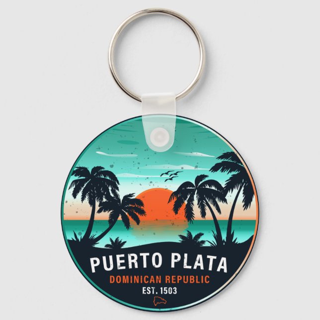 Puerto Plata Dominican Retro Sunset Souvenir 60s Keychain (Front)