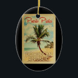 Puerto Plata Palm Tree Vintage Travel Ceramic Ornament<br><div class="desc">A uniquely retro mid-century modern Puerto Plata Dominican Republic art print in vintage travel poster style. It features a curved palm tree on sandy beach with ocean under a blue cloudy sky.</div>