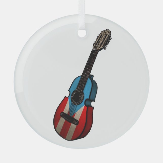 Puerto Rican Flag Cuatro Glass Ornament (Front)