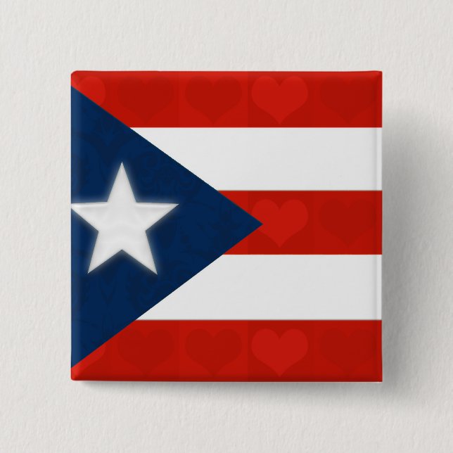 Puerto Rican Flag of Red Striped Hearts 2 Inch Square Button (Front)