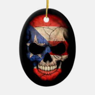 Puerto Rican Flag Skull on Black Ceramic Ornament