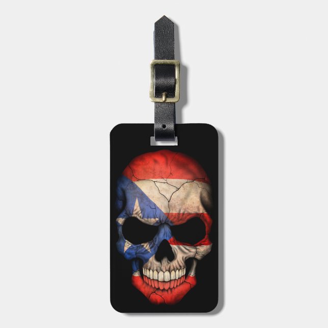 Puerto Rican Flag Skull on Black Luggage Tag (Front Vertical)