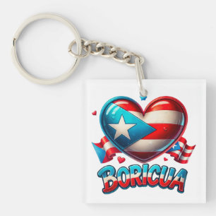 Puerto Rico Boricua Love Heart Flag Keychain