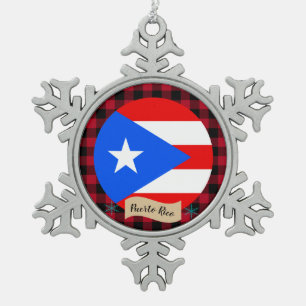 Puerto Rico, buffalo plaid, Puerto Rican Flag Snowflake Pewter Christmas Ornament