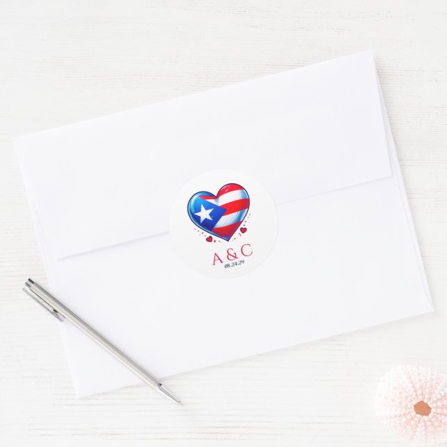 Puerto Rico Couple Heart Wedding Classic Round Sticker (Envelope)