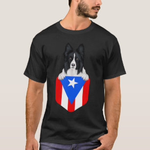 Puerto Rico Flag Border Collie Dog In Pocket T-Shirt