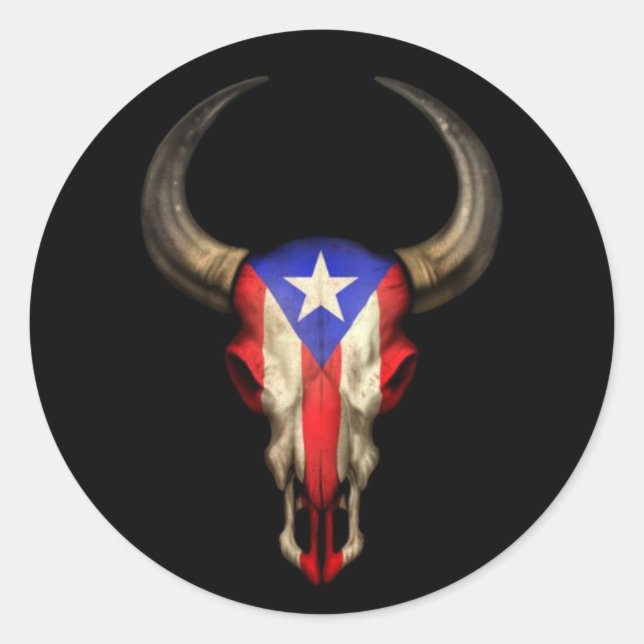 Puerto Rico Flag Bull Skull on Black Classic Round Sticker (Front)