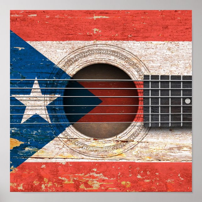 Puerto Rico Flag on Old Acoustic Guitar Poster (Front)