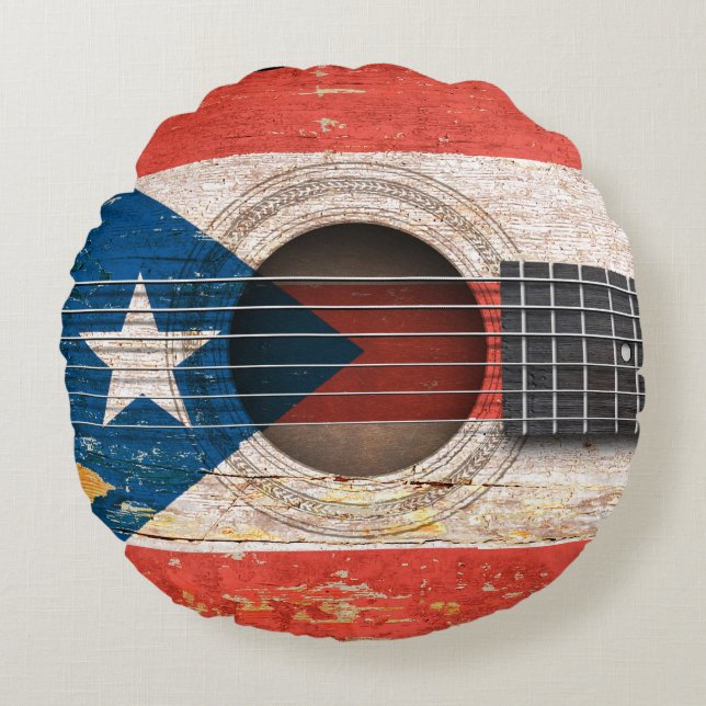 Puerto Rico Flag on Old Acoustic Guitar Round Pillow (Front)
