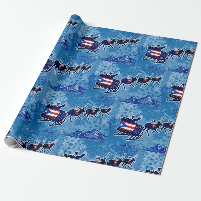 Puerto Rico flag Santa sleigh Christmas wrap paper (Unrolled)