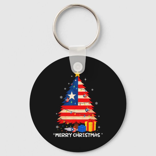 Puerto Rico Flag Tree Lights Christmas Pajamas -co Keychain (Front)