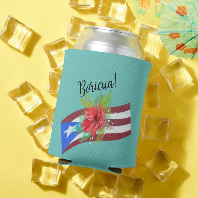 Puerto Rico flag with flor de maga boricua Can Cooler (In Situ Summer)