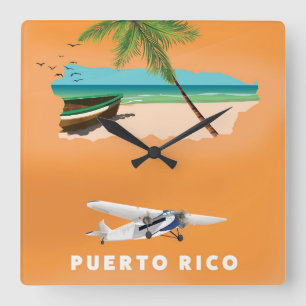 Puerto Rico illustrated map travel poster. Square Wall Clock