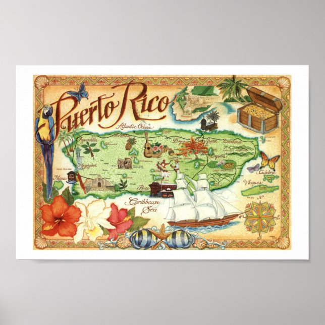 Puerto Rico Map Colourful Vintage Print (Front)
