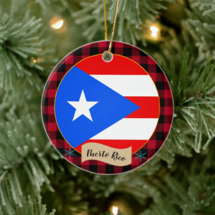 Puerto Rico, Red buffalo plaid & Puerto Rican Flag Ceramic Ornament