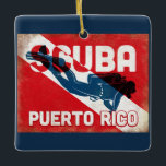 Puerto Rico Scuba Diver - Blue Retro Ceramic Ornament<br><div class="desc">Puerto Rico scuba diving design. A vintage style retro red scuba flag background with navy blue scuba diver.</div>