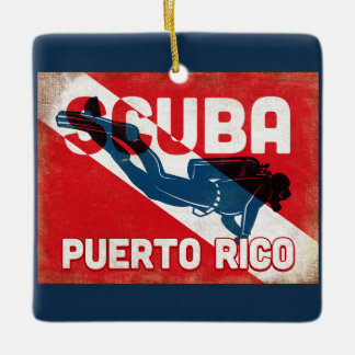 Puerto Rico Scuba Diver - Blue Retro Ceramic Ornament