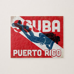 Puerto Rico Scuba Diver - Blue Retro Jigsaw Puzzle
