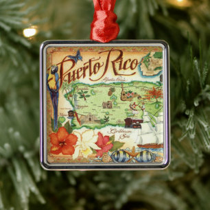 Puerto Rico Vintage Illustrated Map Metal Ornament