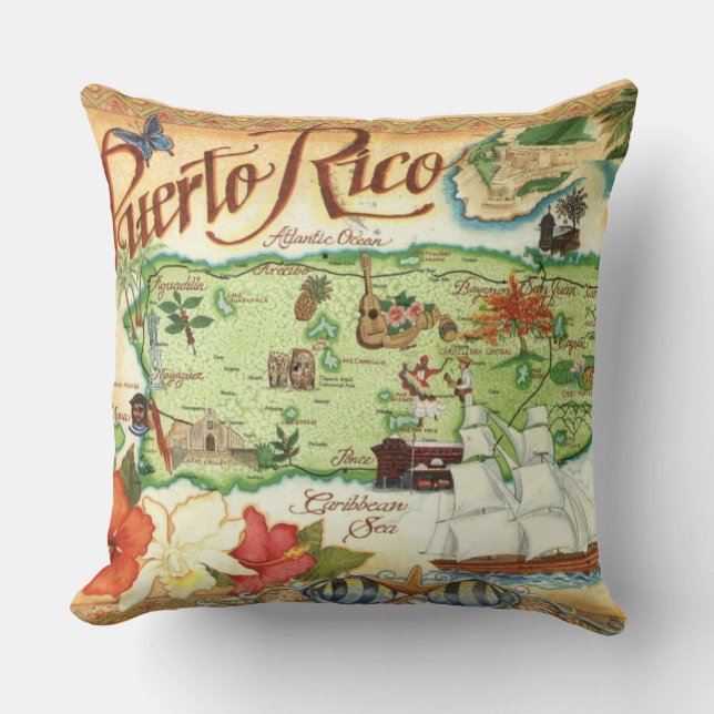 Puerto Rico Vintage Map Throw Pillow (Front)