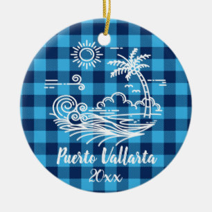 Puerto Vallarta Blue Buffalo Check Christmas Ceramic Ornament
