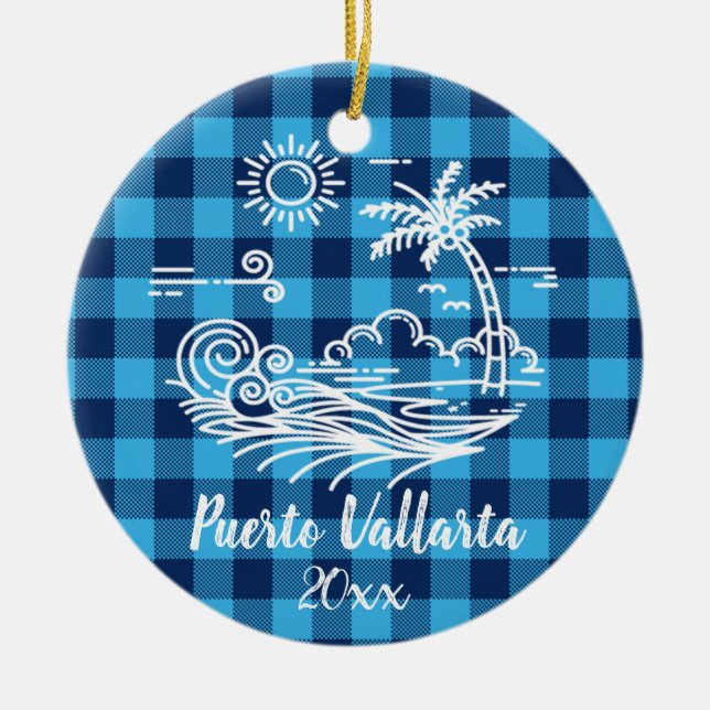 Puerto Vallarta Blue Buffalo Check Christmas Ceramic Ornament (Front)
