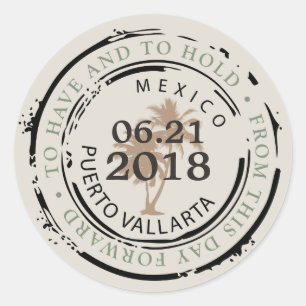 Puerto Vallarta Mex Passport Stamp with Palm Trees Classic Round Sticker