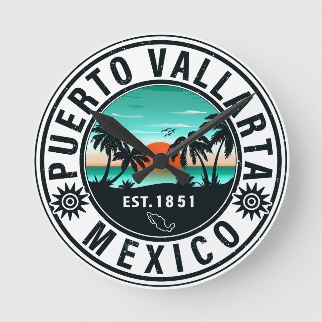 Puerto Vallarta Mexico Retro Sunset Souvenirs 60s Round Clock (Front)
