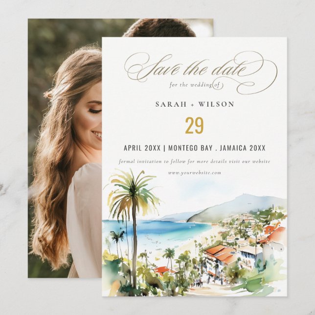 Puerto Vallarta Mexico Watercolor Photo Wedding Save The Date (Front/Back)