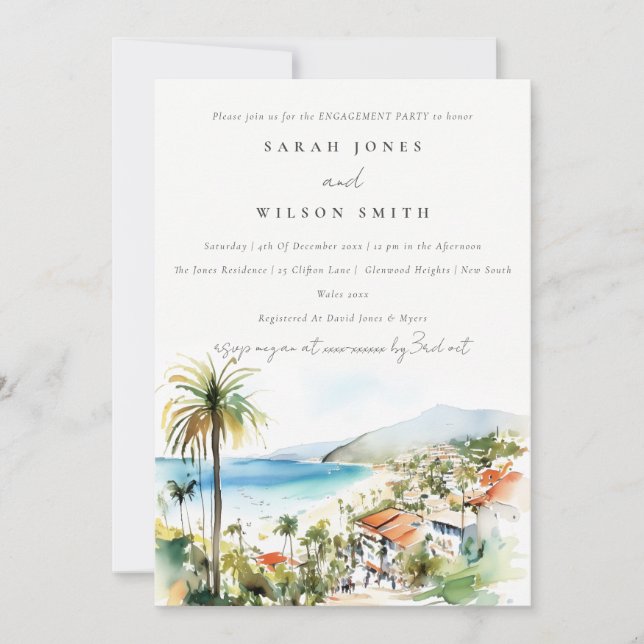 Puerto Vallarta Mexico Watercolor scape Engagement Invitation (Front)