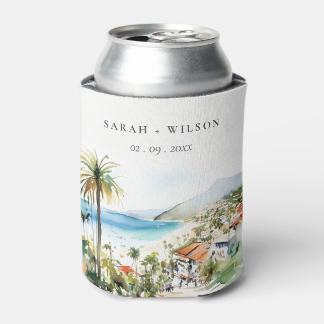 Puerto Vallarta Mexico Watercolor Scape Wedding Can Cooler (Can Front)