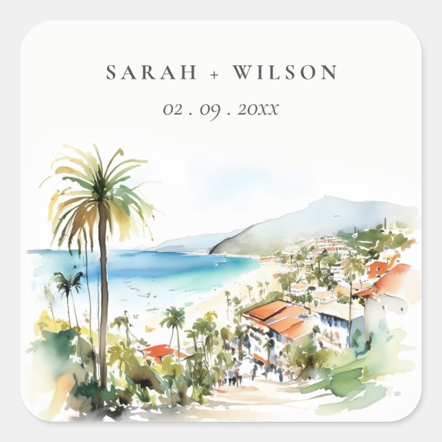 Puerto Vallarta Mexico Watercolor scape Wedding Square Sticker (Front)