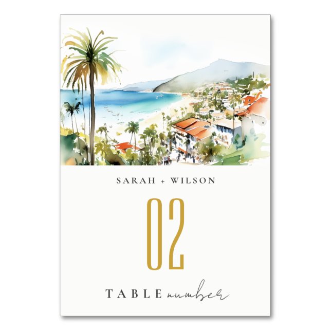 Puerto Vallarta Mexico Watercolor scape Wedding Table Number (Front)