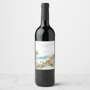 Puerto Vallarta Mexico Watercolor scape Wedding Wine Label