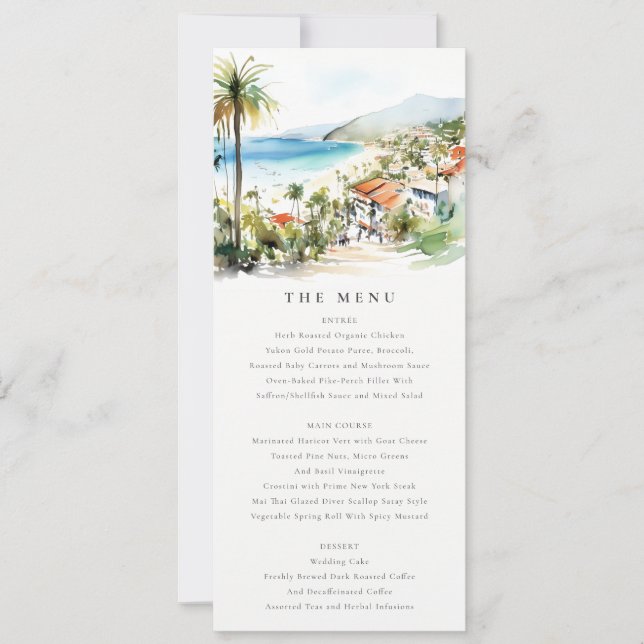 Puerto Vallarta Mexico Watercolor Wedding Menu Invitation (Front)