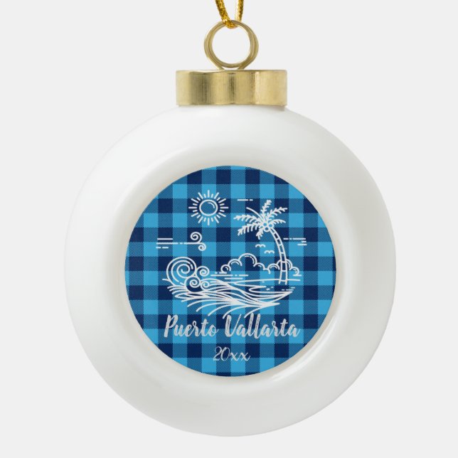 Puerto Vallarta on Blue Buffalo Check Christmas Ceramic Ball Christmas Ornament (Front)