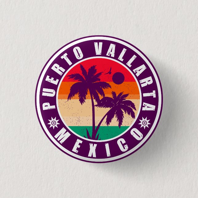 Puerto Vallarta Palm Tree Retro Souvenir 80s 1 Inch Round Button (Front)