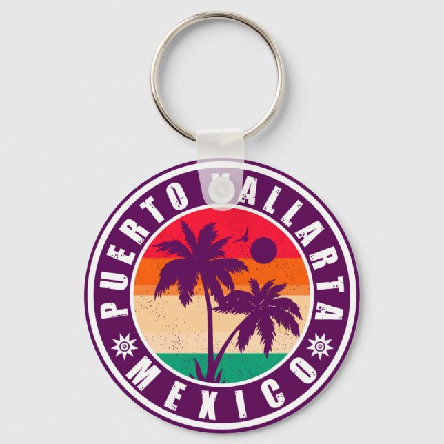 Puerto Vallarta Palm Tree Retro Souvenir 80s Keychain (Front)