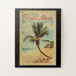 Puerto Vallarta Palm Tree Vintage Travel Jigsaw Puzzle<br><div class="desc">A uniquely retro mid-century modern Puerto Vallarta Mexico art print in vintage travel poster style. It features a curved palm tree on sandy beach with ocean under a blue cloudy sky.</div>