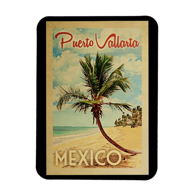 Puerto Vallarta Palm Tree Vintage Travel Magnet (Vertical)
