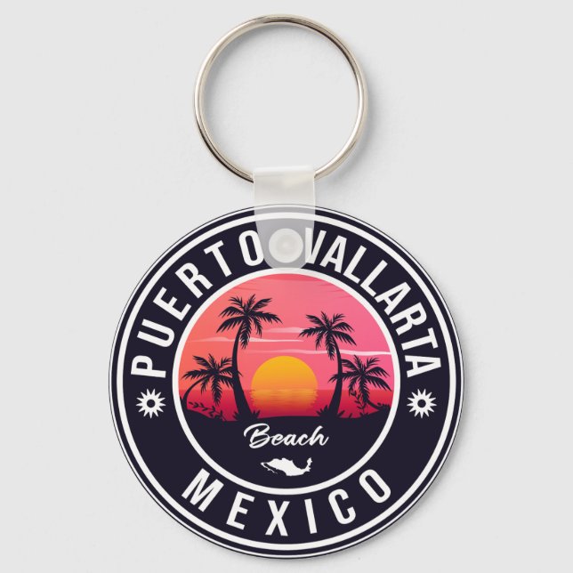 Puerto Vallarta Palm Tree Vintage Travel Souvenir Keychain (Front)